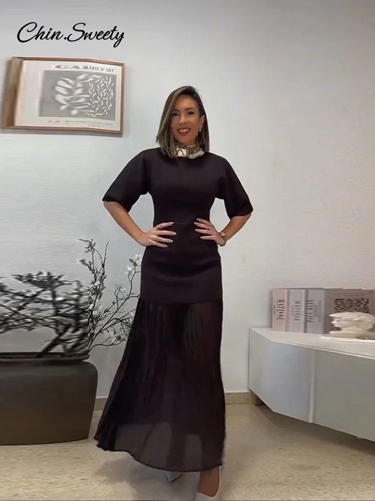 Elegant Patchwork Long Dress Women Brown O-neck Half Sleeve Slim Pleat Dresses Female 2025 Spring Summer Lady High Street Robes 4