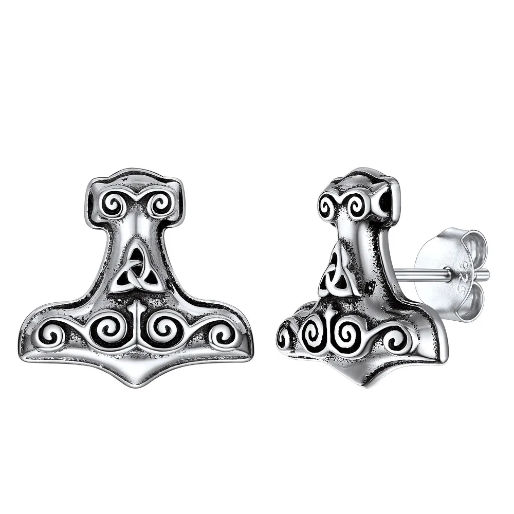 

Norse Viking Jewelry Thor's Hammer Studs Sterling Silver Vintage Celtic Knot Wolf Head Stud Earrings for Women Men