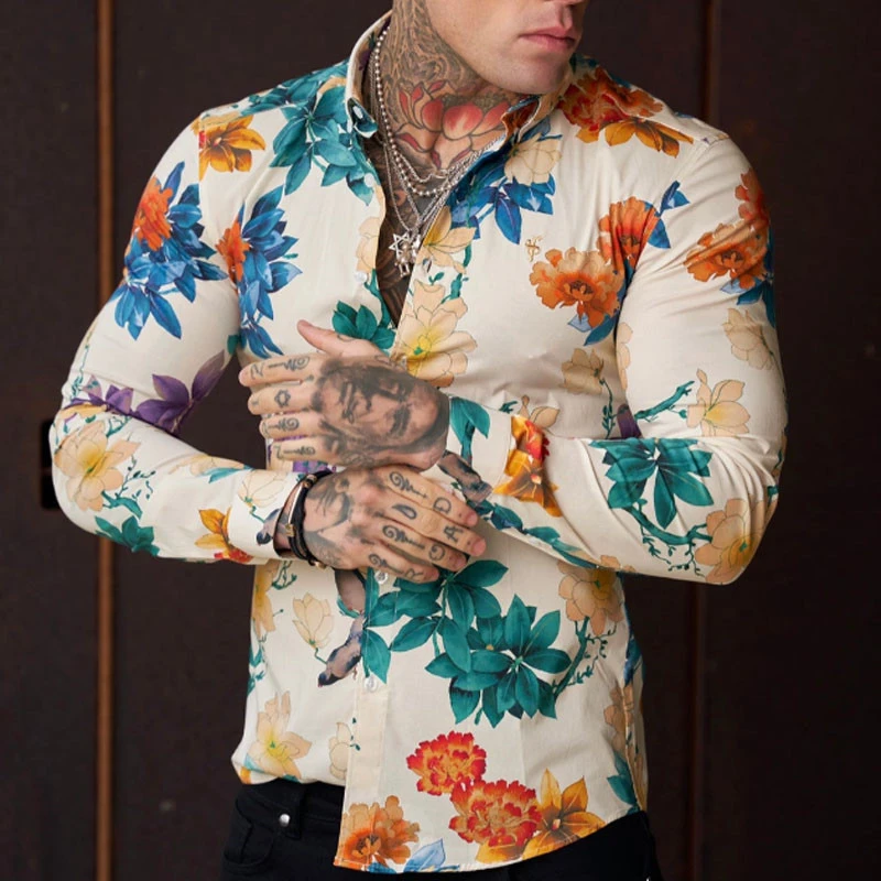 thumbnail image 1 of Las más nuevas camisas de flores holgadas y transpirables con estampado moderno y moderno, camisetas de fiesta en la playa, camisas de verano de manga larga para hombres, blusas florales para hombres, 1 of 4