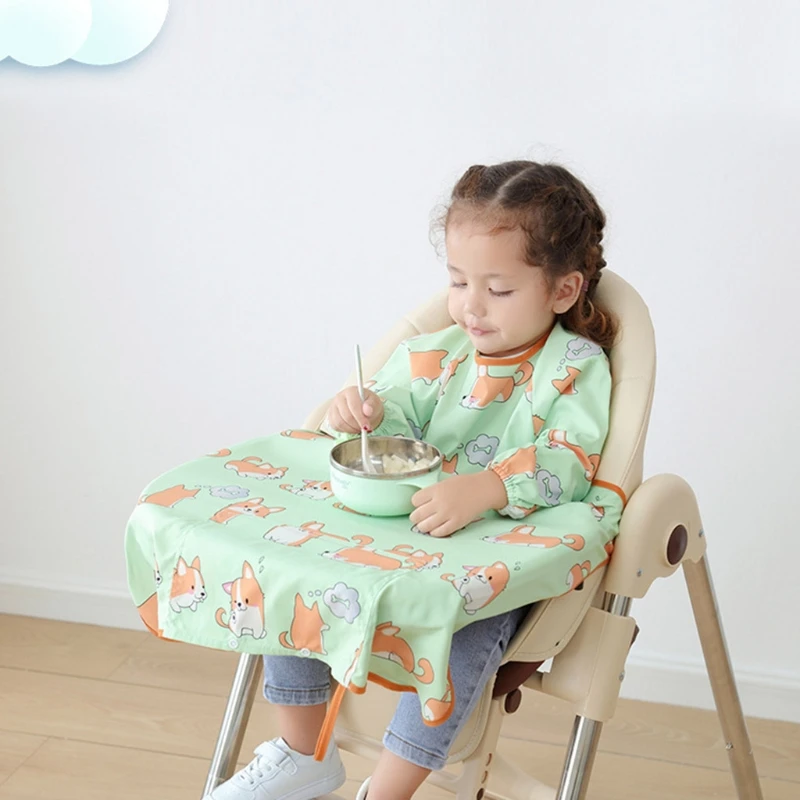 Newborn Long Sleeve Bib Coverall with Table Cloth Cover Baby Dining Chair Gown Waterproof Saliva Towel Burp Apron Food Feeding