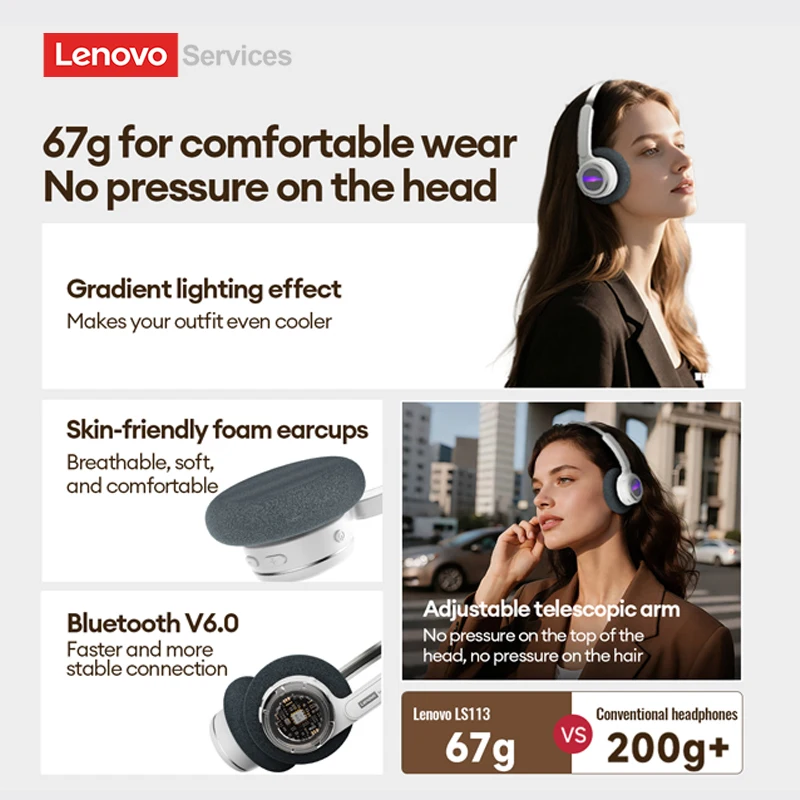 سماعات رأس لاسلكية Lenovo LS113 بتقنية البلوتوث 6.0 مع إلغاء الضوضاء وإضاءة RGB وتصميم عصري