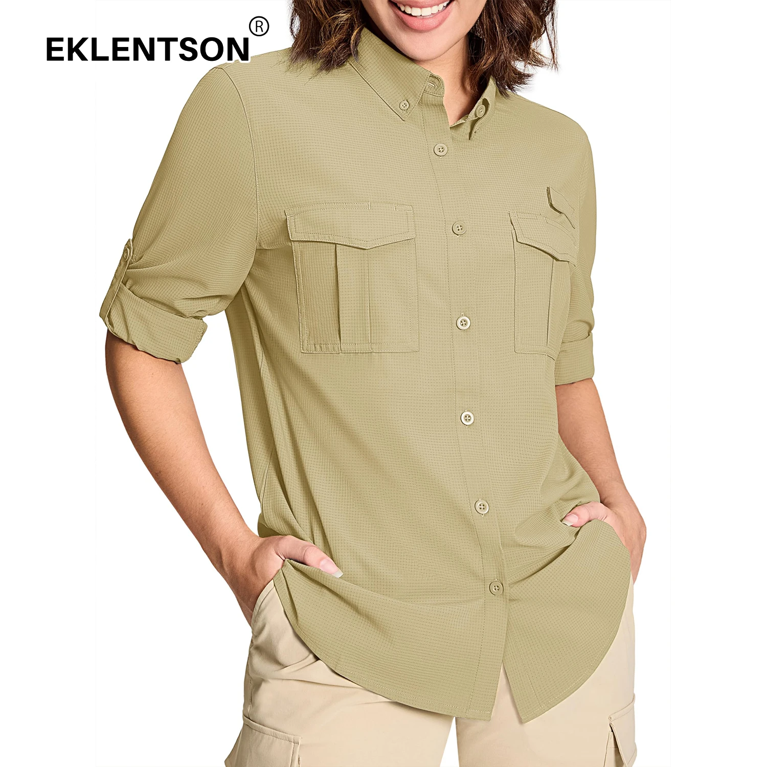 Fishing Shirts EKLENTSON Sun Protection Fishing Shirt Women's Long Sleeve Button Down Shirts Quick Dry Cooling Hiking Safari Tops