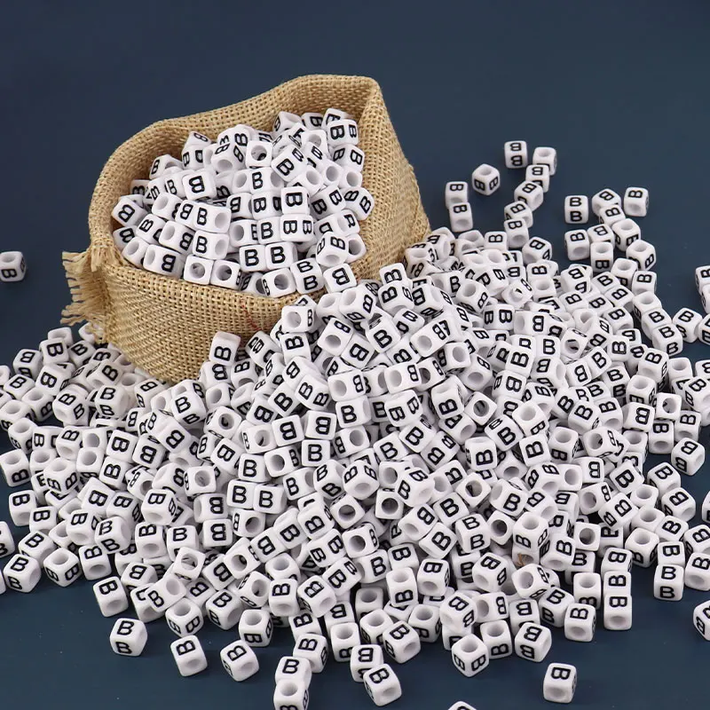 Plastic White Mixed Alphabet Beads, 6mm Cube, (Horizontal), 800 beads