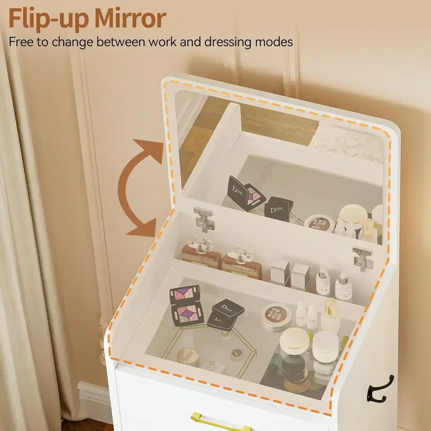 3 in 1 Vanity Desk with Plip Top Mirror,Small Make Up Vanity Set with Visible Glass Desktop,Compact Makeup