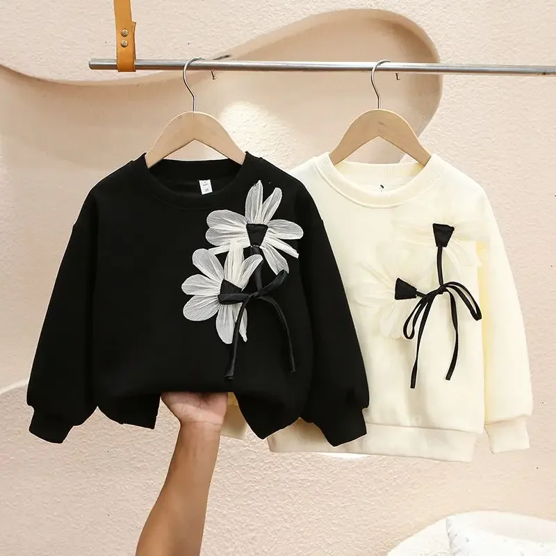 Hoodies Girls Spring Autumn New Flower Round Neck Long Sleeved Cotton Childrens Clothing Sweatshirts Flower Round Collar