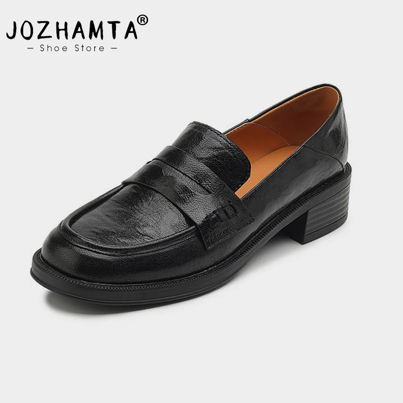

JOZHAMTA Size 33-43 Casual Loafers For Women Real Leather Chunky Mid Heels Shoes Slip On Pumps 2024 Spring Office Lady Dress