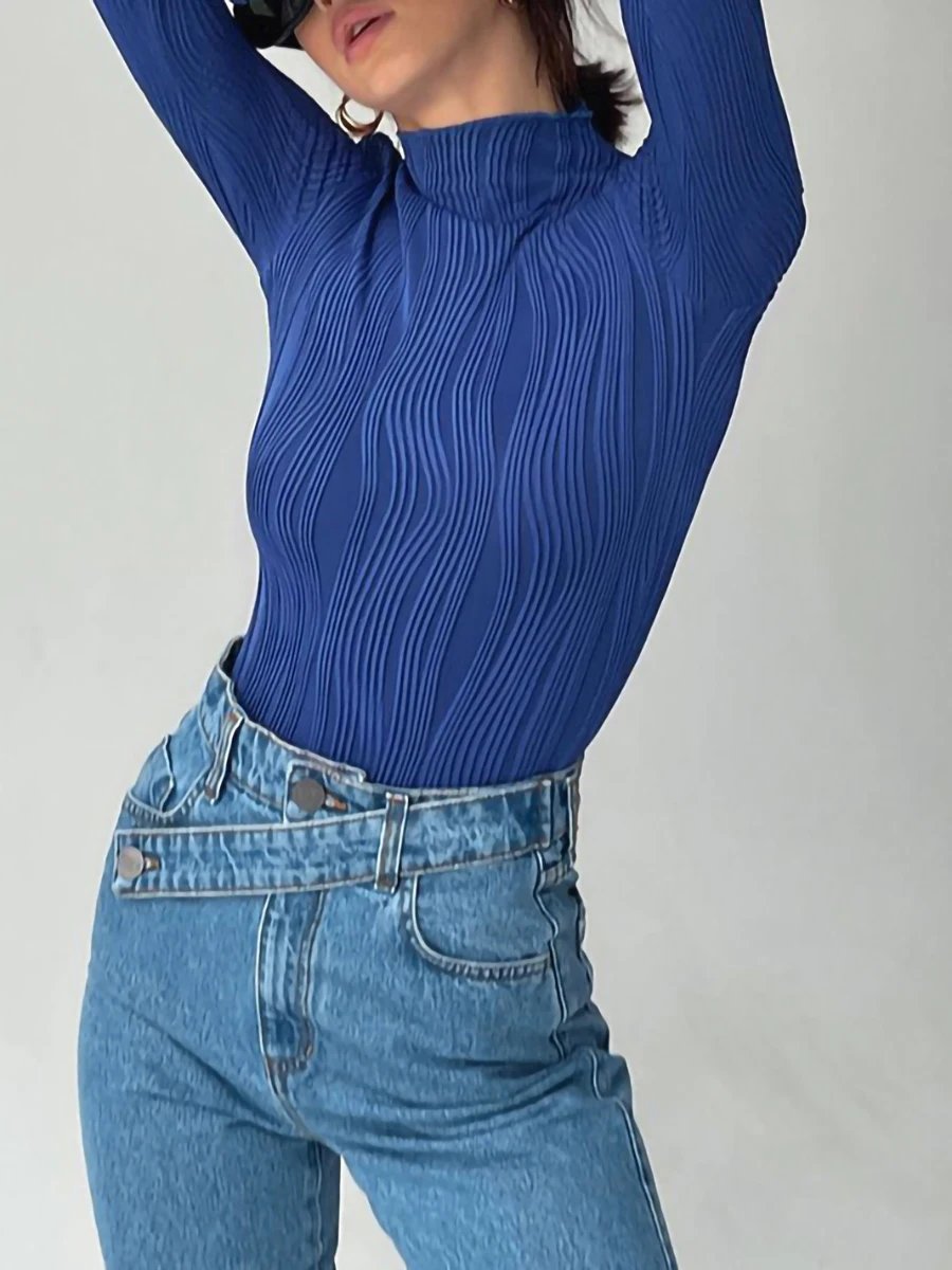 

Women's Autumn Slim Tops Solid Color Irregular Texture Jacquard Long Sleeve Half High Neck T-shirt