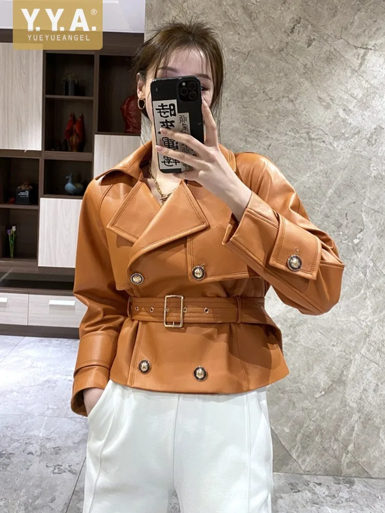 

Spring Autumn New Double Breasted Sashes Women Genuine Leather Jacket Slim High Waist Office Ladies Real Sheepskin Short Coat