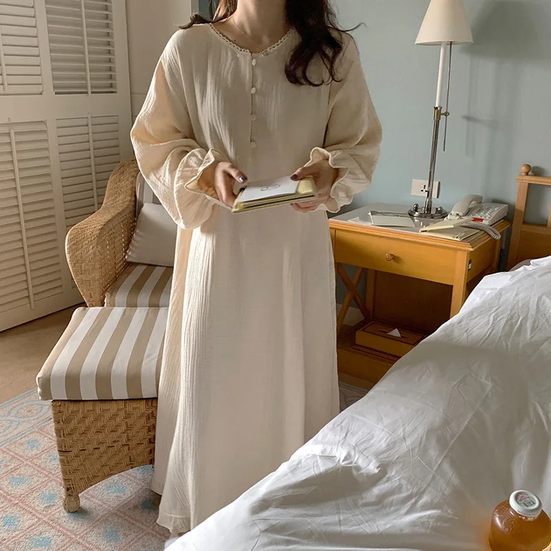 

Casual 100% Cotton Muslin Gauze Dresses Nightdress Women'S Autumn Winter Print Sweet Solid Harajuku Pajamas Home Wear Long Maxi