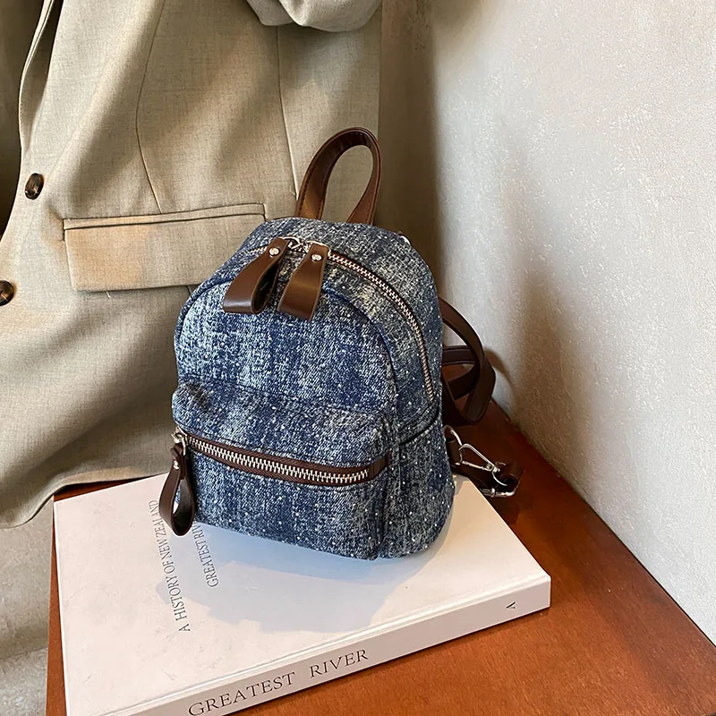 New Women Preppy Style Mini Backpacks Y2K Shiny Rivet Student Denim Backpack Girls Fashion Travel Canvas Shopping Shoulder Bag 2