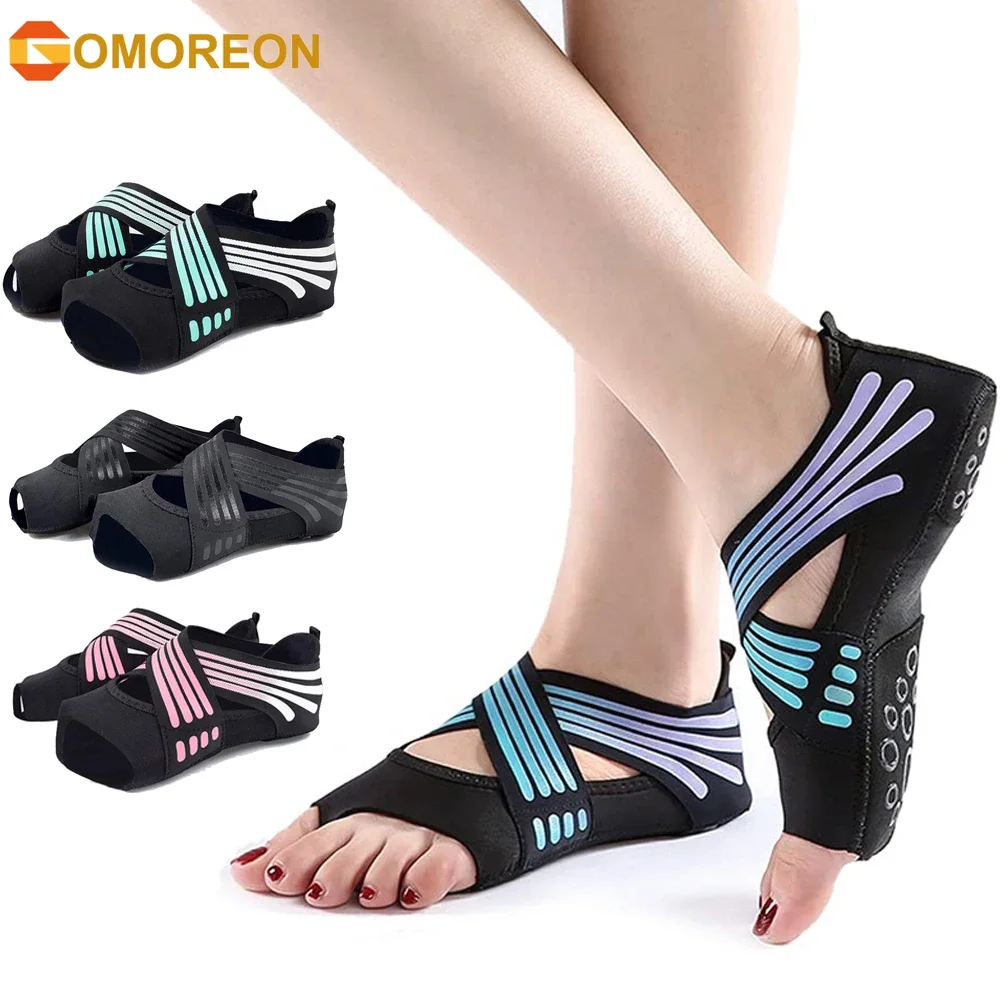 GOMOREON 1Pair Non Slip Yoga Socks with Grip, Toeless Anti-Skid Pilates, Barre, Ballet, Bikram Workout Socks Shoes with Grips