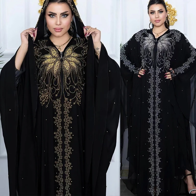 

Diamonds Chiffon Abaya Muslim Women Hooded Dress Moroccan Kaftan Dubai Turkey Robe African Dashiki Boubou Traditional Clothing