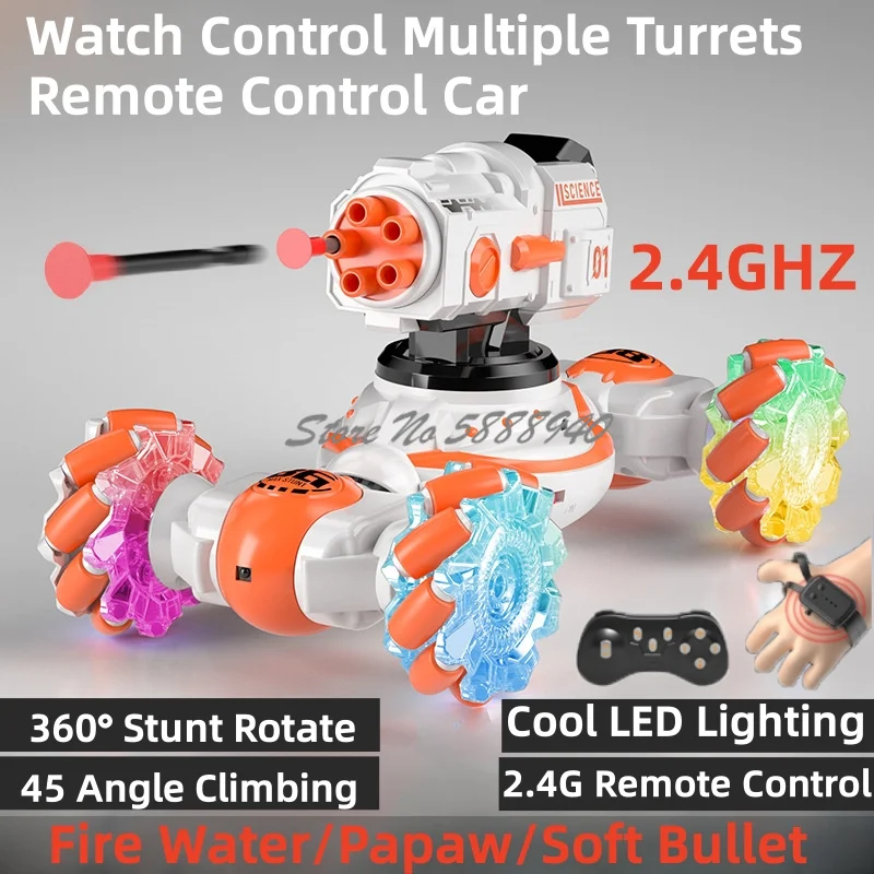 

Watch Control Multiple Turrets Remote Control Car 2.4G 360° Rotate 45° Climbing Fire Water/Papaw/Soft Bullet Stunt RC Tank Car