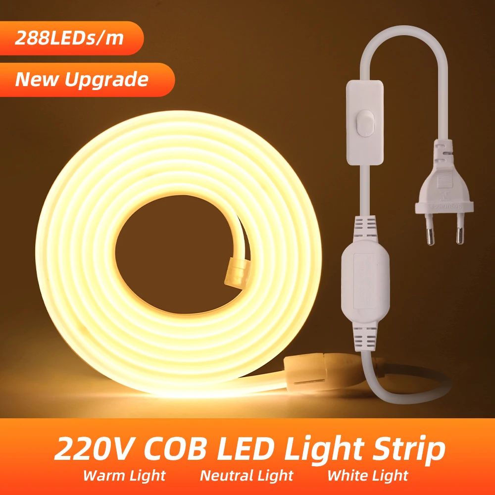 AC220V COB LED Strip Light IP67 Waterproof 288LEDs/m Super Bright Flexible Neon Light RA90 FOB LED Tape with Switch Power Plug super bright smd 5630 5730 led strip 220v 110v with eu us plug 180leds m ip67 waterproof warm white in outdoor flexible light