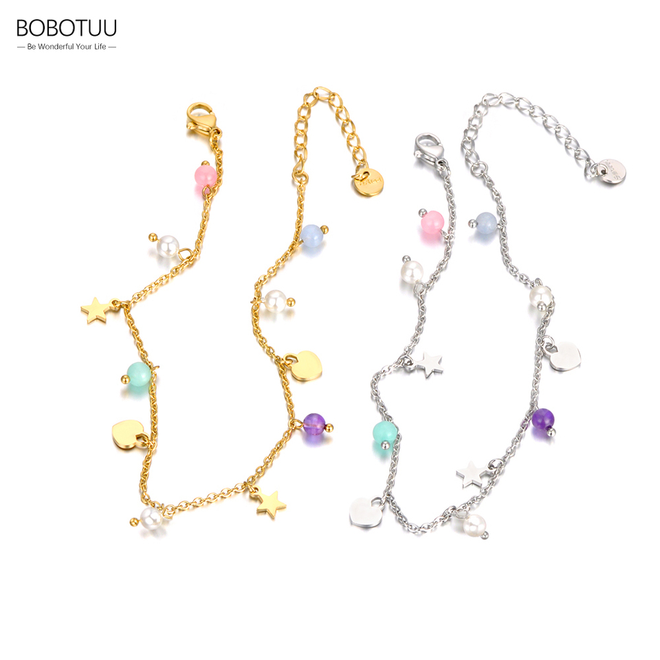 BOBOTUU Bohemia Pearl Crystal Stone Charm Bracelet Jewelry Stainless Steel Star Heart Bear Bracelets For Women Girls BB22135