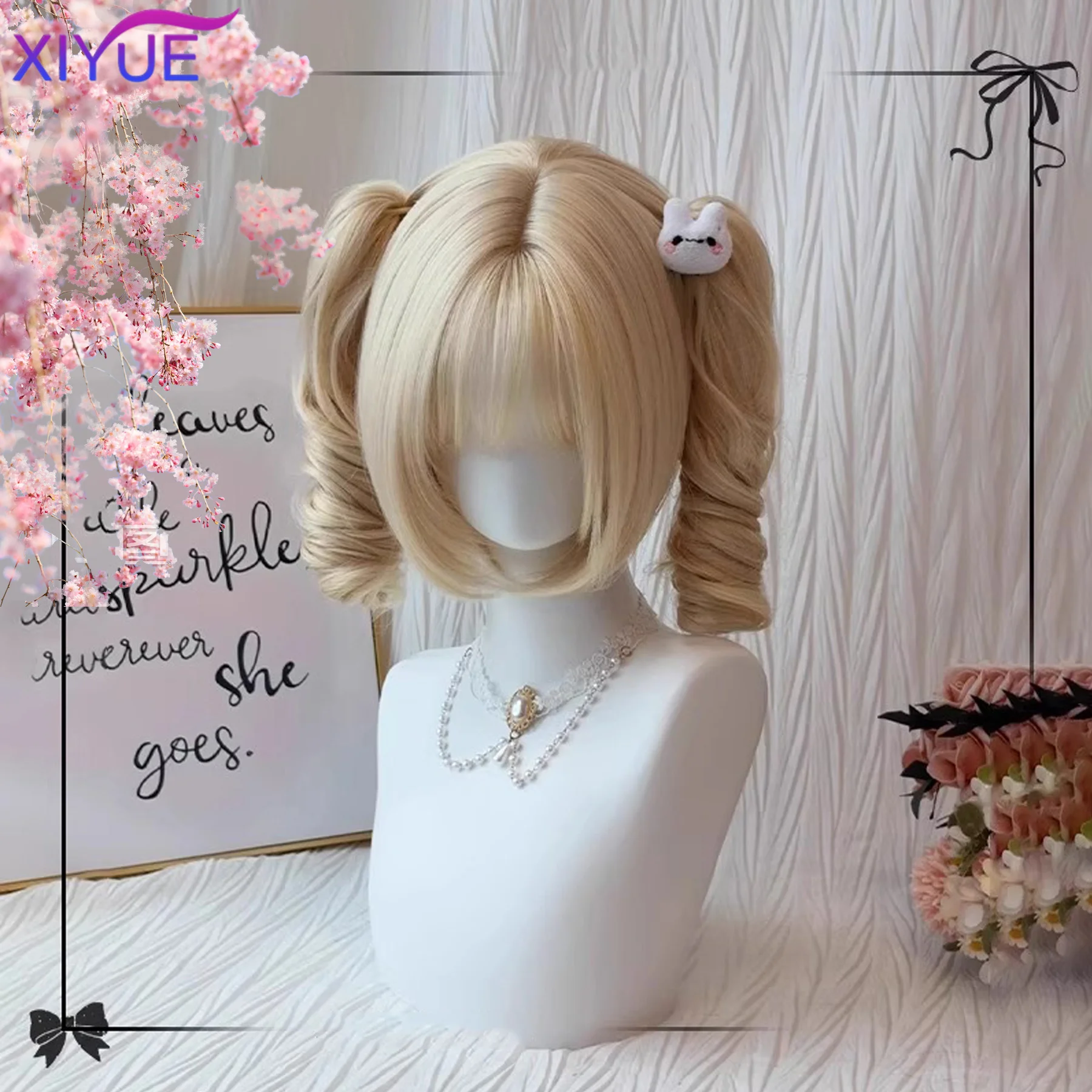 Long Curly Twin Ponytails Synthetic Wig Bangs Cosplay Lolita Party Chic Girls Princess Blonde Short Heat Resistant Hair byWTB HA