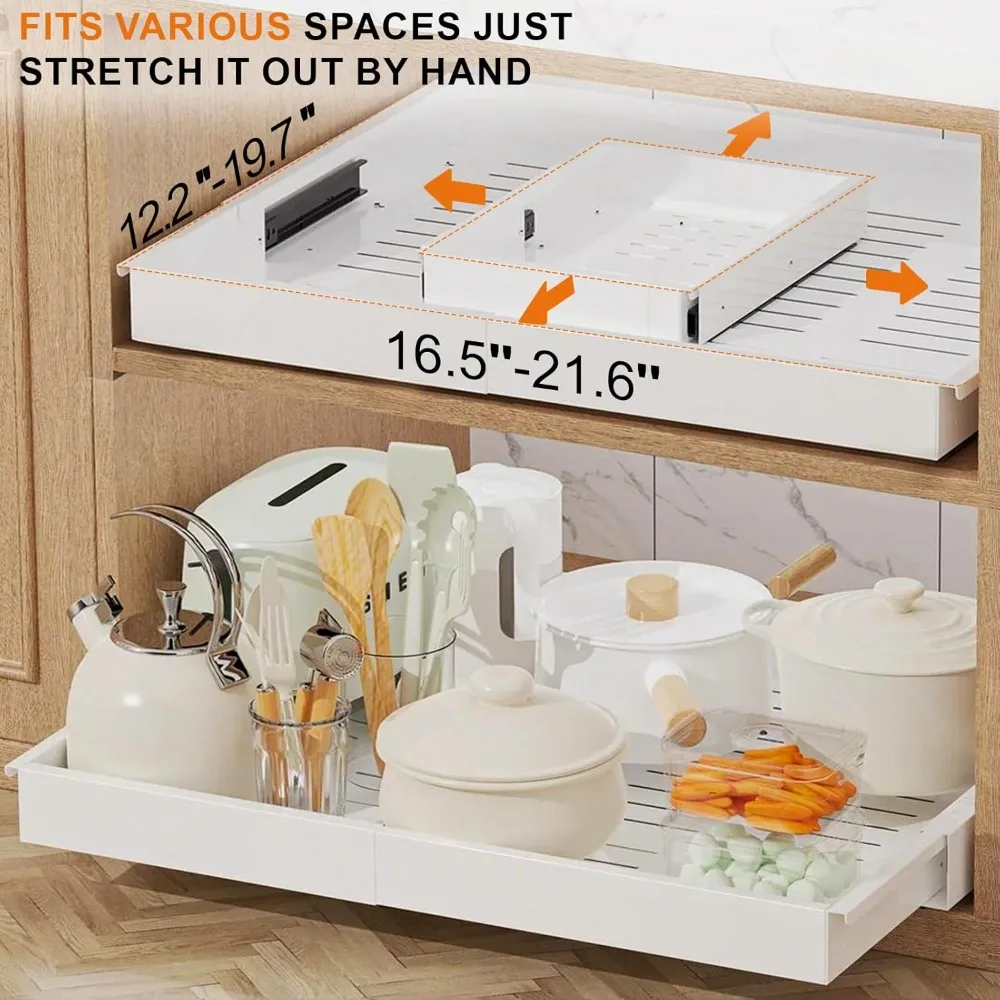 Expandable Pull Out Cabinet Organizer with Depth(16"-22") and Width(12 "-20"), Adhesive Slide out Drawers for Pots, Spice 2