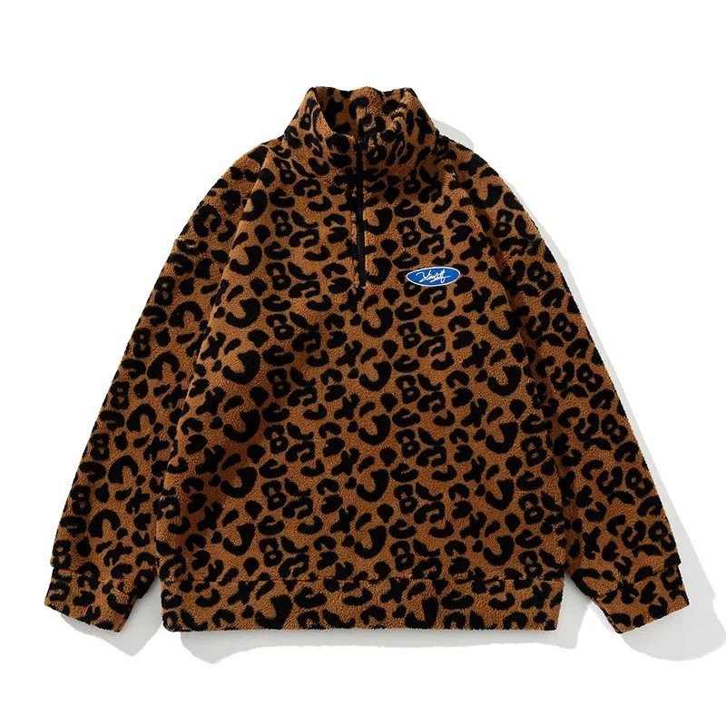 Stand-up Collar Street Women's Thick Coat Couple Fashion Hoodie Sweater 2021 Autumn and Winter New Leopard Print Lambs Wool Coat