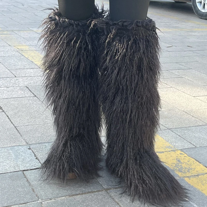 2023 Winter Thigh High Fluffy Boots Ladies Furry Faux Fox Fur Long Warm Shoes Women New Designer Plush Knee High Fur Boots Girls