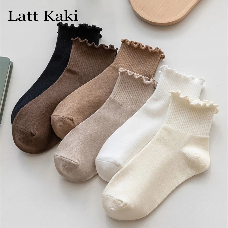 3 Pairs/Lot Cute Socks For Women New Japanese Style Breathable Girls Short Socks Kawaii Solid Frilly Ruffle Casual