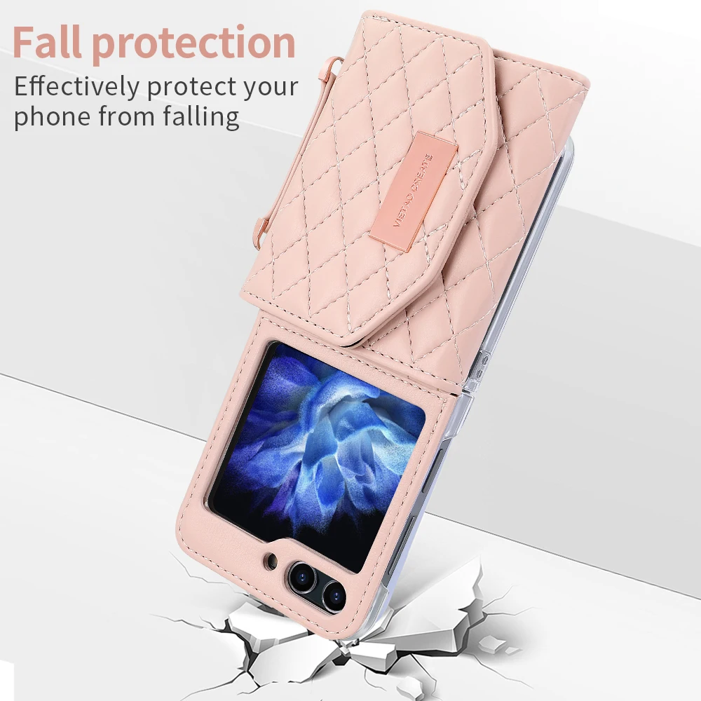 Crossbody Kaarten Solt Lieder Portemonnaie Hülle fir Samsung Galaxy Z Flip 6 5 4 3 5G Flip6 Flip5 Riemen Diamant Dräifach Falt Täsch Cover_voghion.com