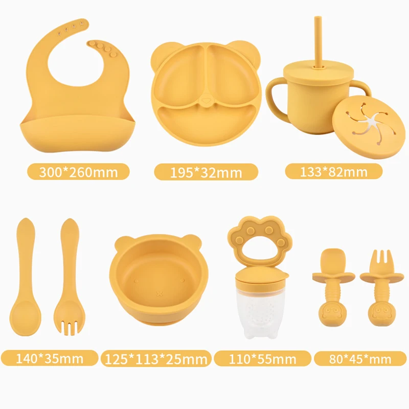 9PCS/Set BPA Free Silicone Baby Feeding Set Sucker Bowl Divided Dinning Plate Straw Cup Spoon Fork Adjustable Bib Children Dishe 2