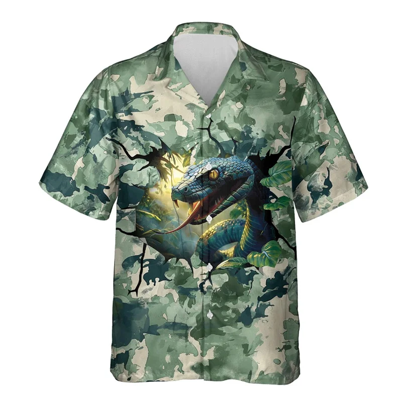 thumbnail image 1 of Camisa hawaiana con estampado de serpiente de terror para hombre, divertida camisa hawaiana con estampado 3D de serpiente, blusas casuales de verano de manga corta con solapa, 1 of 5