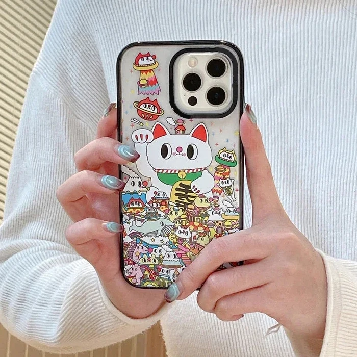 

2.0 Version Acrylic Upgrade Border Fortune Cat Phone Case Cover for IPhone 11 12 13 14 15 Pro Max Case for IPhone 14 Pro