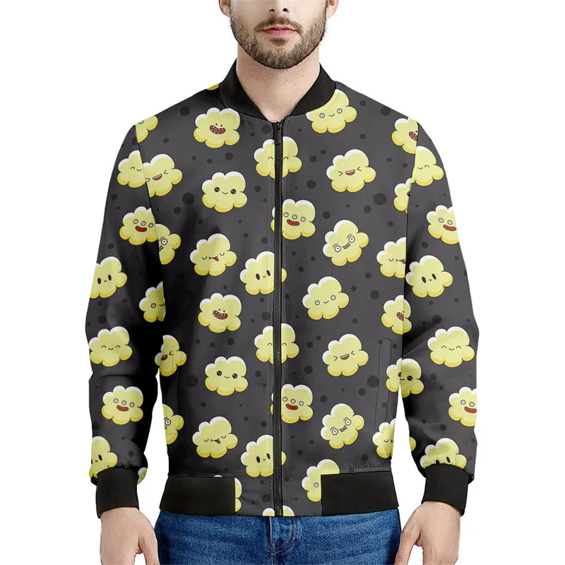 thumbnail image 1 of Bonita chaqueta con cremallera y diseño de palomitas de maíz de dibujos animados para hombres y niños, sudadera con estampado 3D, camisetas de primavera y otoño, chaquetas bomber de manga larga de gra, 1 of 5