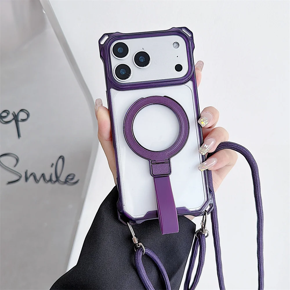 Versatile Crossbody Lanyard Phone Case with Soft Wrist Strap and Magnetic Stand - Clear Acrylic Armor Cover