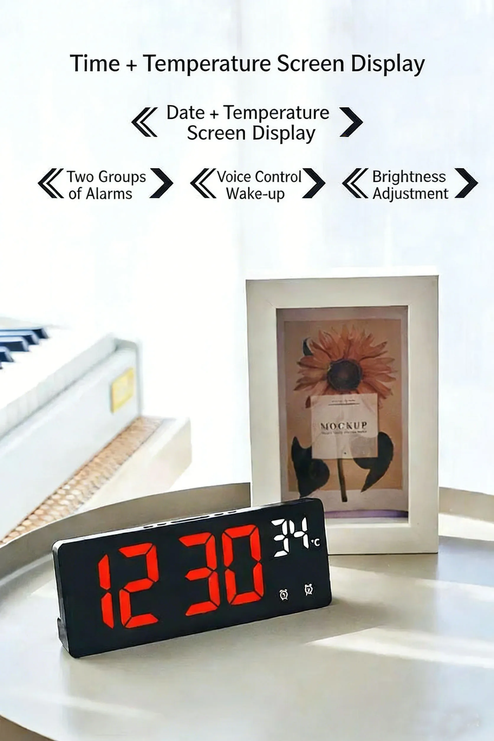 Voice Control Digital Alarm Clock Temperature Dual Alarm Snooze Desktop Table Clock Night Mode 12/24H LED Clock Watch Desk