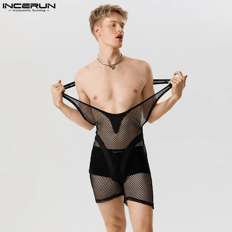 Stylish Hot Sale Men's Homewear INCERUN V-neck See-through Mesh Jumpsuit Sexy Fashion Male Thin Sleeveless Bodysuits S-5XL 2023