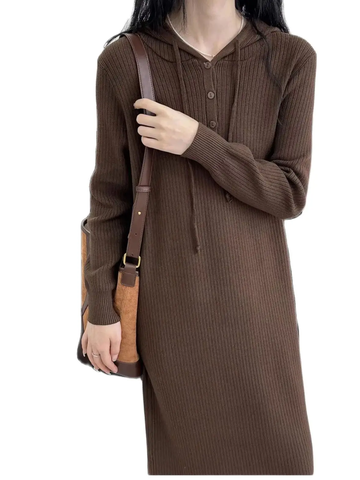 

Зимние новые вязаные платья с капюшоном для женщин, модное Свободное длинное стильное шерстяное платье для отдыха, платья для женщин