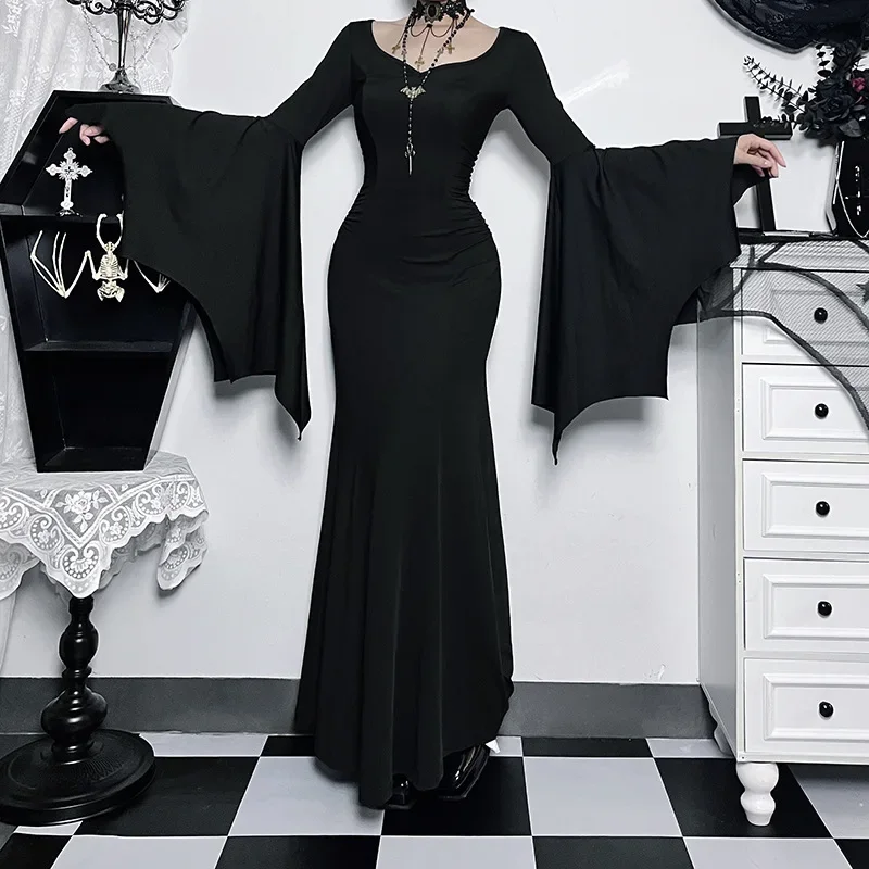 

Halloween Gothic Vintage Dress Women Square Neck Patchwork Spider Web Flare Sleeves Cosplay Long Party Dress