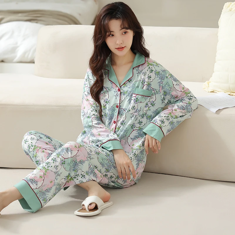 

M-4XL Women Knited Cotton Pajamas Floral Print Pijamas Turn-down Collar Long Sleeve 2 Piece Set Dropshipping