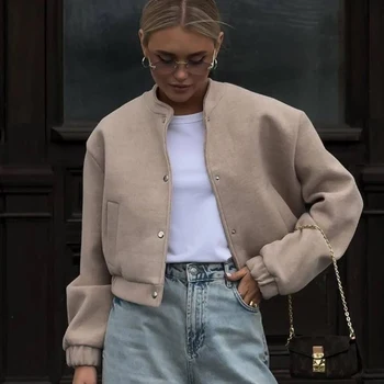 HXAO Demi-Season المرأة Bomber سترة فو الصوف معاطف اقتصاص سترة طويلة الأكمام الطيار سترة امرأة ملابس خارجية زر سترة 6