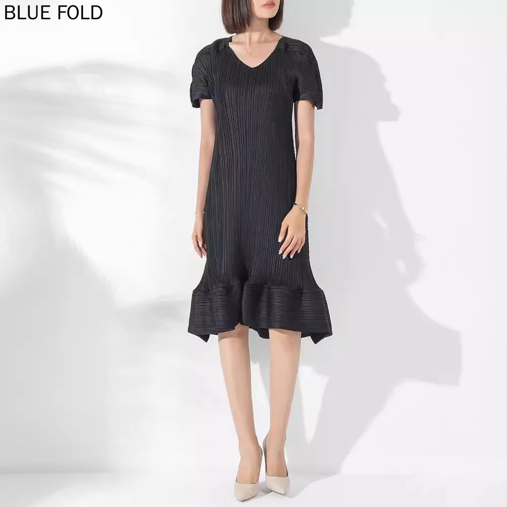 

MIYAKE Pleated Summer New Style Women's Temperament V-neck Ruffled Pleats Dress Waist Slimming Fashion Dress High Quality Clothe