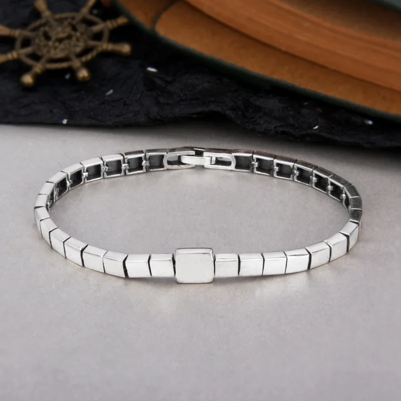 

S925 Sterling Silver Charm Bracelets 2022 Fashion Smooth Round Square Rhombic Lattice Splicing Argentum Jewelry for Women Lover
