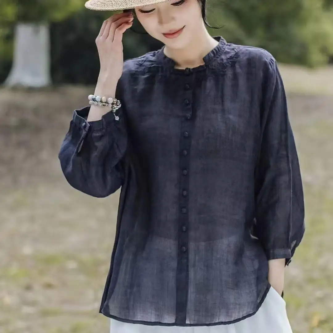 Elegant Harajuku Slim Fit Female Loose Casual All Match Tops Women embroidery Button Three Quarter Sleeve Blouses