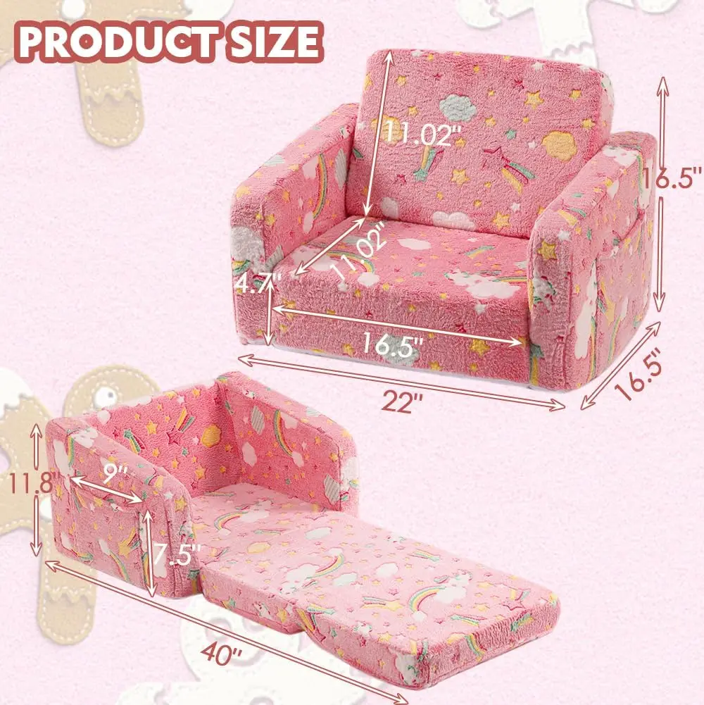 Kids Sofa Couch Fold Out, Baby Toddler Comfy Soft Chair, Flip Out Foldable Children 2 in 1 Convertible Sofa to Lounger 3