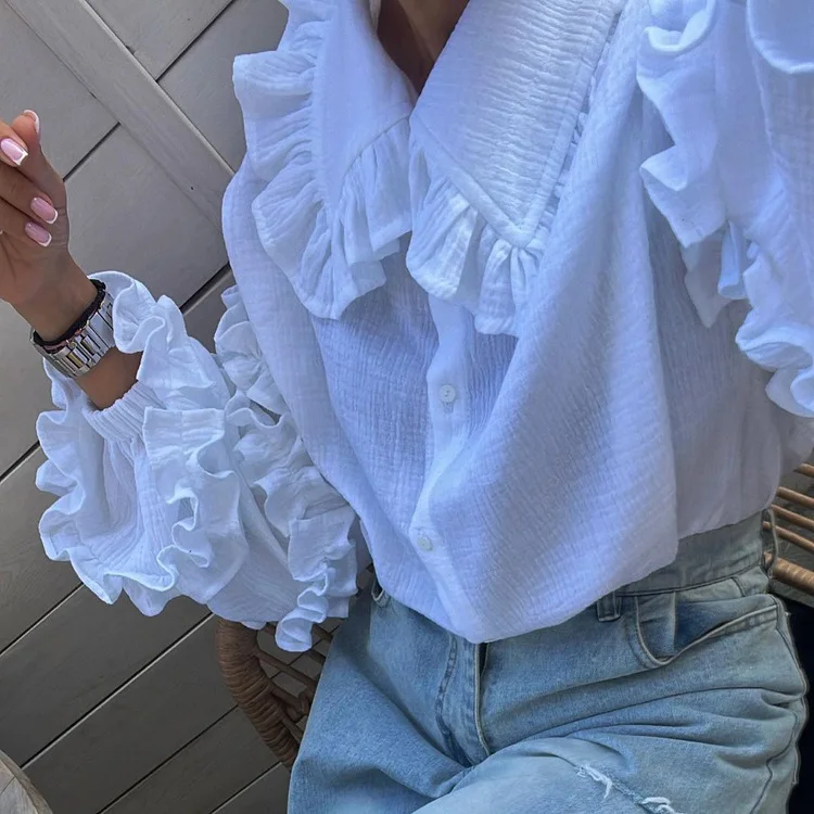 White Ruffled Casual Shirts For Women Fashion Patchwork Cardigan Lapel Long Sleeve Outwear Slim Ladies Shirts 2025 New