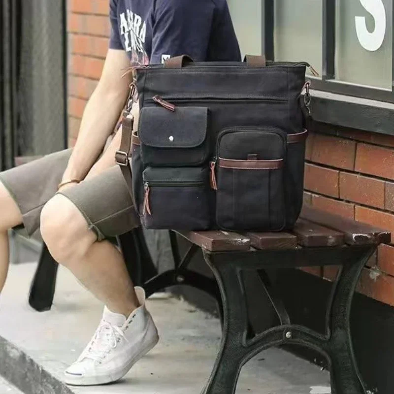 Vintage Men's Canvas Messenger Bag Unisex Crossbody Bags Large Capacity Shoulder Bag for Travel Work Multi Pocket Briefcase