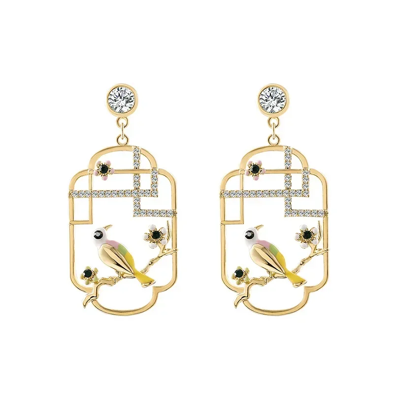 Chinese Style Copper Alloy Hollowed Out Carved Plum Blossom Bird Temperament Classic Earrings for Women Mother Gift Jewelry