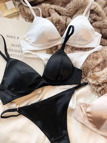 Summer Women Underwear Set Sexy Silken Triangle Cup Wireless Bras French Bralette Seamless Intimates Bra and Thong Lingerie Set - Image 3