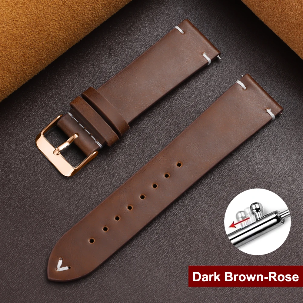 Vintage Brown Leather Watch Band with Quick Release Mechanism - Universal Lightweight Strap