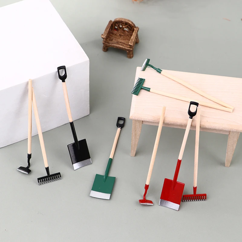 3Pcs 1:12 Dollhouse Miniatures Gardening Shovel Rake Hoes Farm Tool For Doll House Garden Tools Decor Kids Pretend Play Toys 4