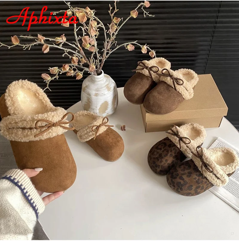 Aphixta Fashion Upper Bowknot 3cm Flat With Half Slippers Women Leopard Platform Warm Cotton Round Toe Slip On Lady Shoes