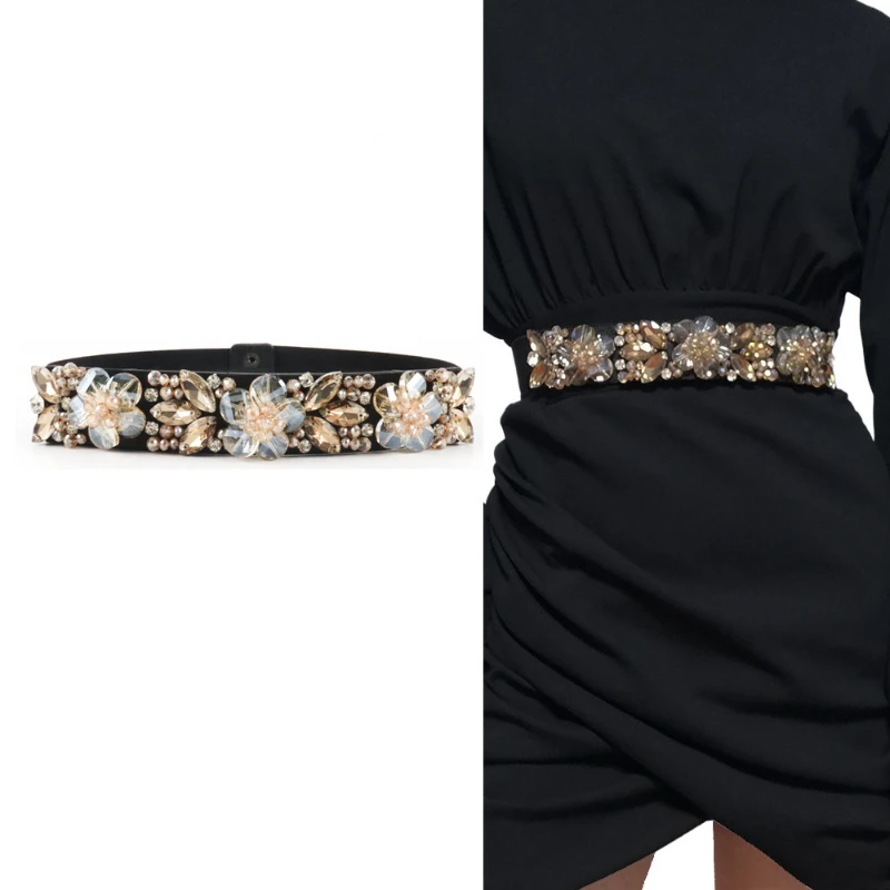 

Fashion Rhinestone Elastic Waist Belt for Woman Casual Hand Beaded Dress Adjustable Waistband Senior Luxury Designer Brand Belts