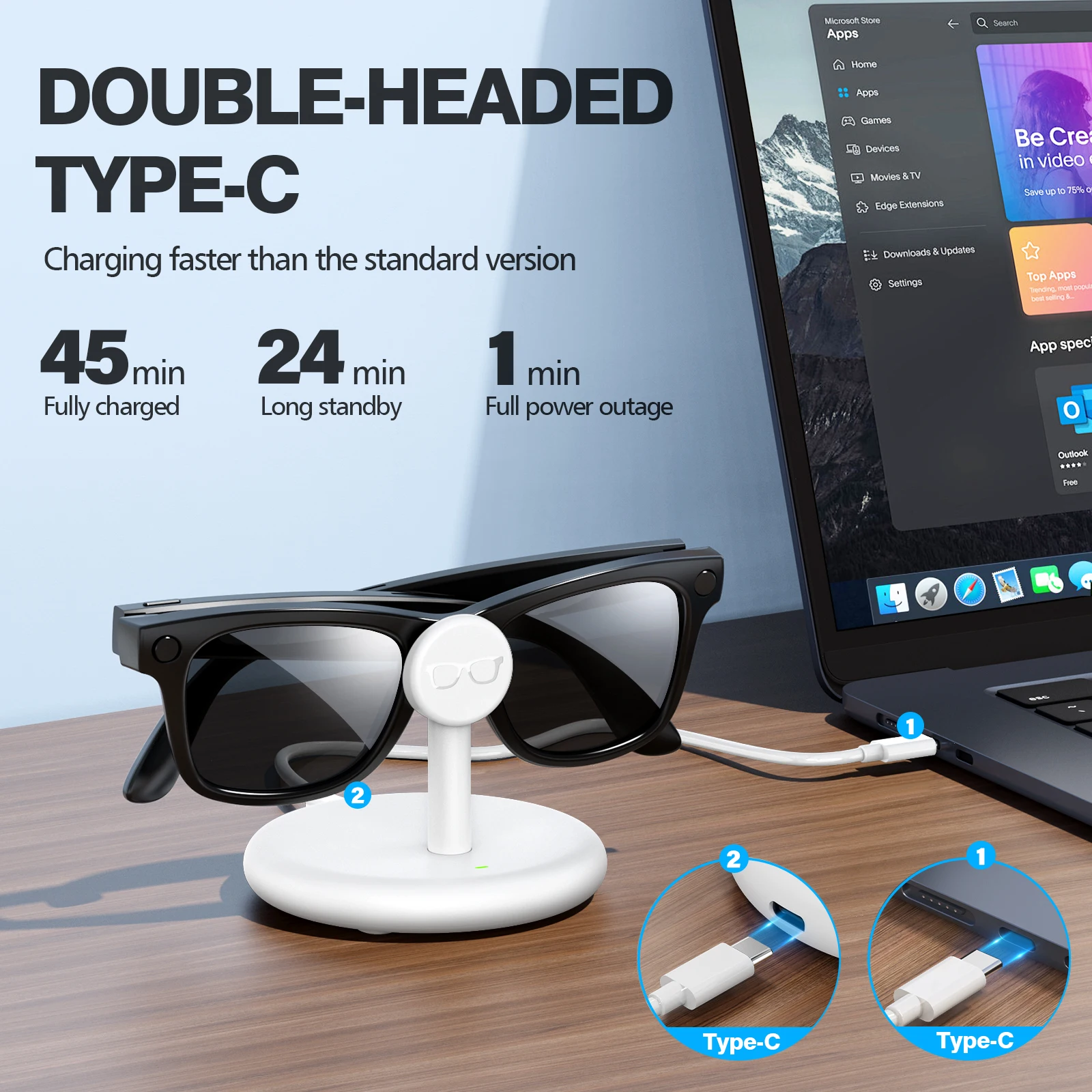 VR Battery Charger Station Charging Dock For Ray-Ban Meta Smart Glasses Wayfarer/Skyler/Headliner/Oakley HSTN Potable Travel USB-C Charge Stand