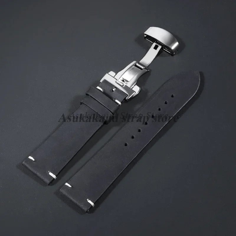 Vintage Calfskin Leather Watchband with Butterfly Buckle - Multiple Sizes Available